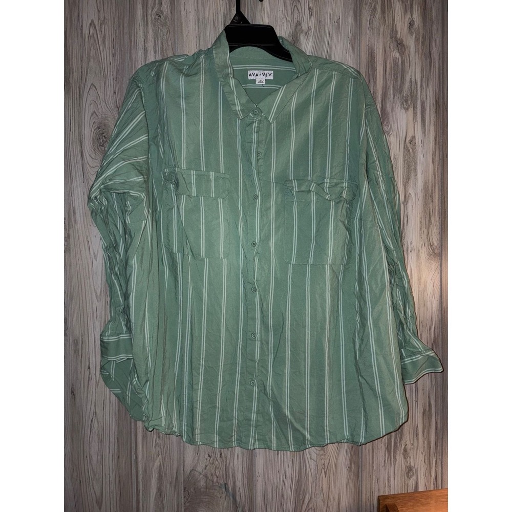 Ava & Viv Sage Green White Striped Button Down Shirt Plus Size 3X Long Sleeve